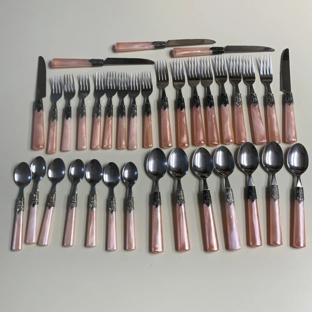 Vintage Gilbson Pink Pearl Roseland Pearlescent Kitchen Flatware Set of 35